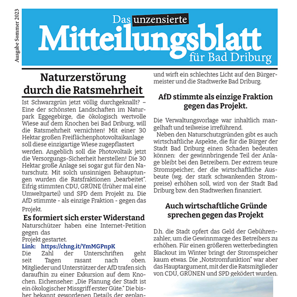 Read more about the article Das unzensierte Mitteilungsblatt für Bad Driburg 2023 Sommer